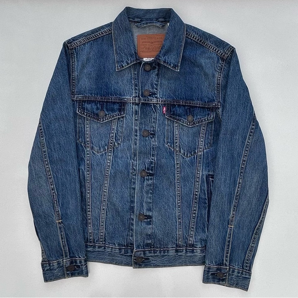 Levis Premium Big E Blue Denim Classic Trucker Jacket Size Men’s Small